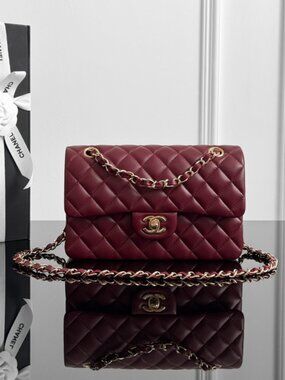 Authentic Chanel Classic Medium Flap Bag in Burgundy Lambskin with Gold Hardware